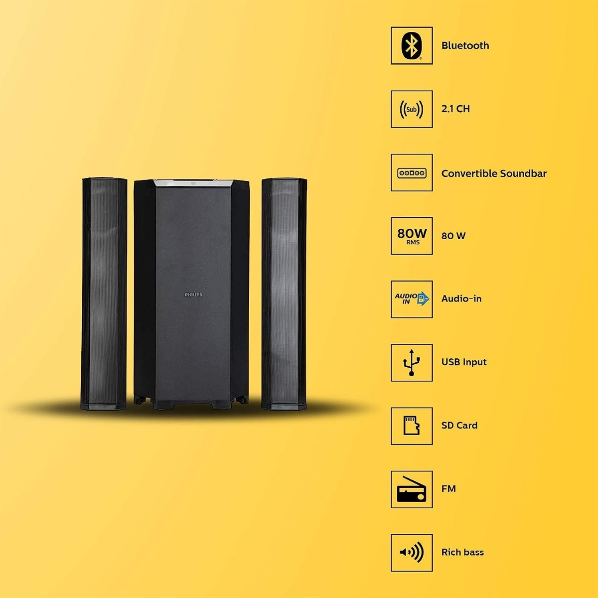 Philips Convertible Soundbar MMS8085B/94 Channel 80W Black