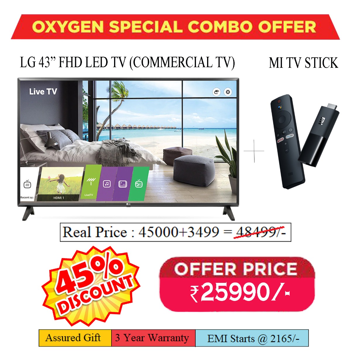 LG 43 inch FHD LED TV (Commercial TV) + Mi TV Stick Combo Offer